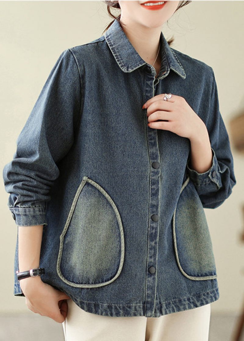 Retro Denim Blå Lommer Patchwork Frakker Forår - Dame vinterfrakker