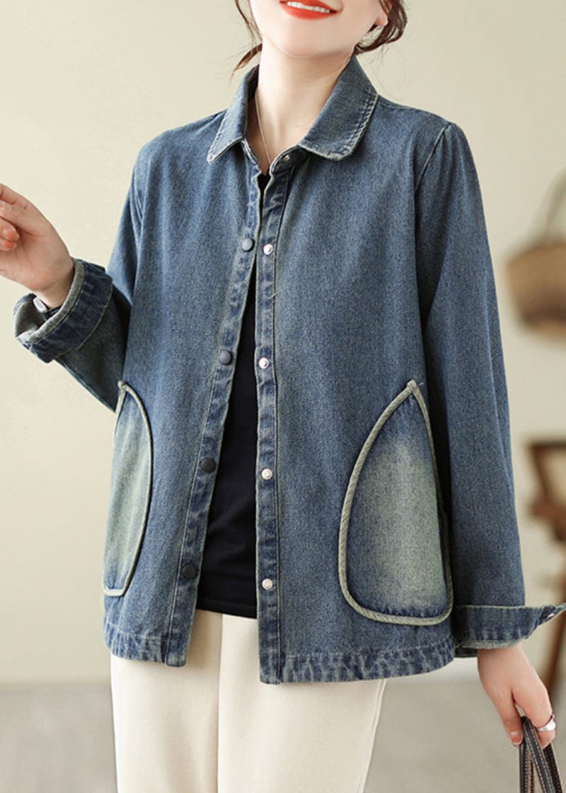 Retro Denim Blå Lommer Patchwork Frakker Forår - Dame vinterfrakker