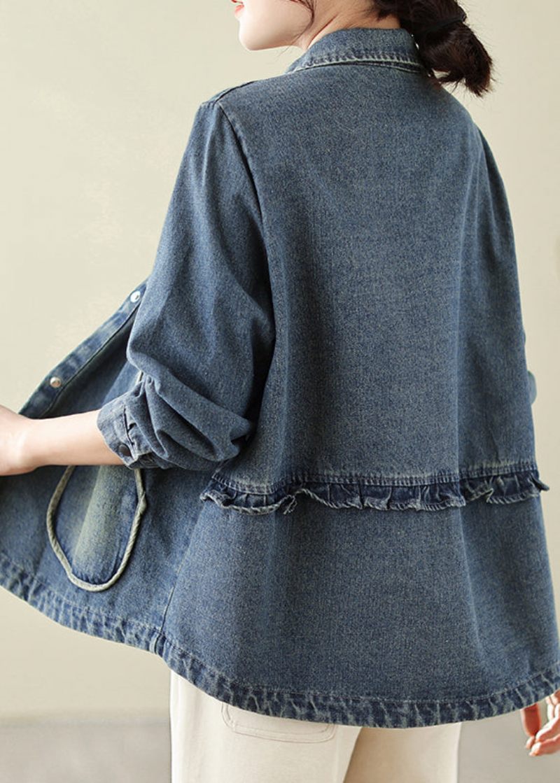 Retro Denim Blå Lommer Patchwork Frakker Forår - Dame vinterfrakker