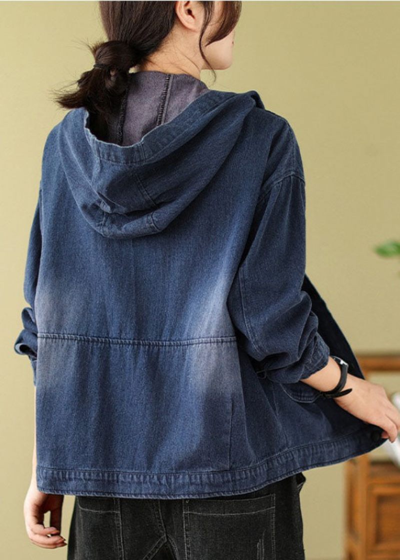 Retro Denim Blå Lommer Print Hættefrakker Efterår - Dame vinterfrakker