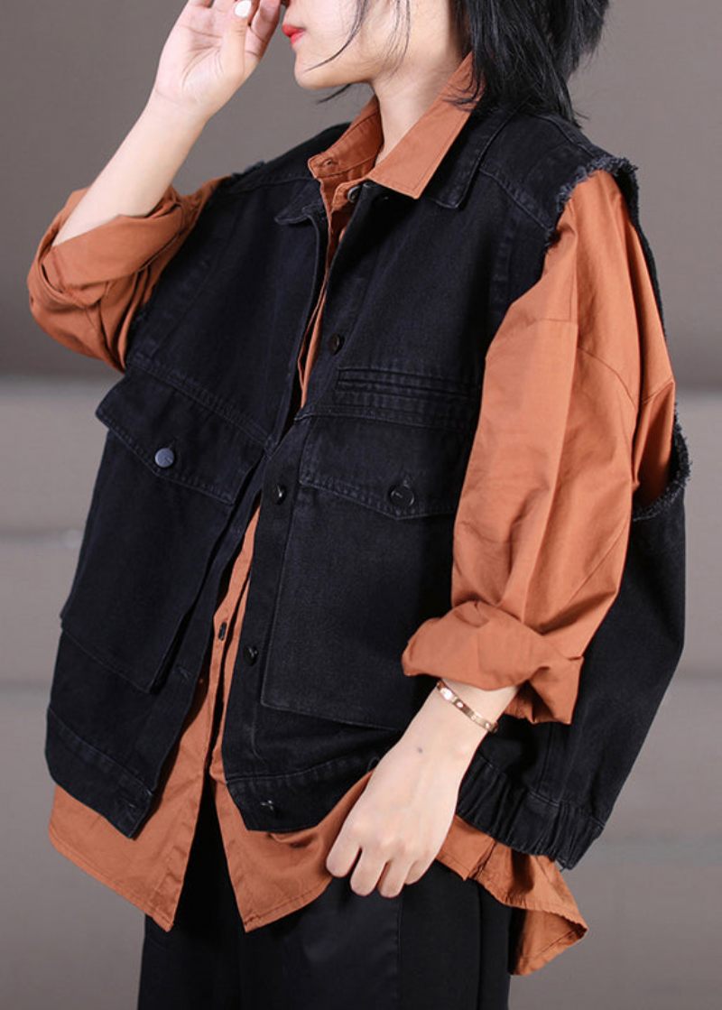 Retro Sort Peter Pan Krave Patchwork Knap Denim Vest Efterår