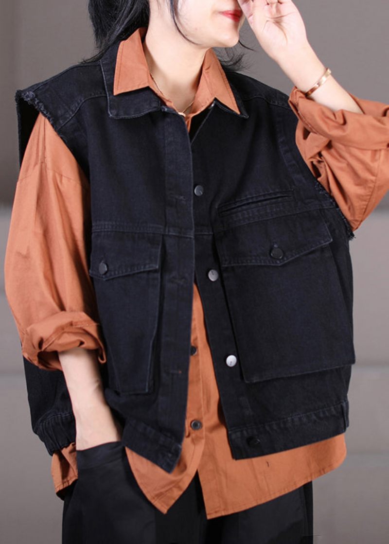 Retro Sort Peter Pan Krave Patchwork Knap Denim Vest Efterår - Dame vinterfrakker