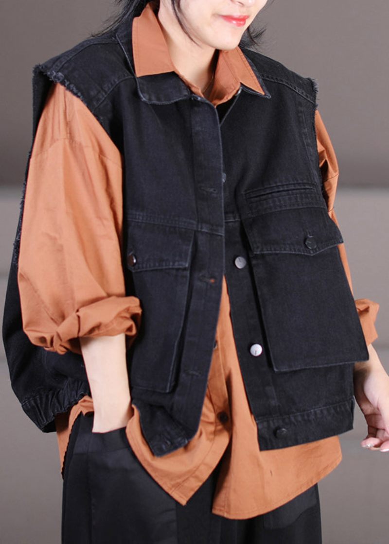 Retro Sort Peter Pan Krave Patchwork Knap Denim Vest Efterår - Dame vinterfrakker