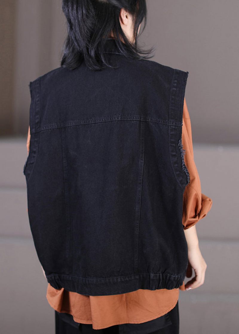 Retro Sort Peter Pan Krave Patchwork Knap Denim Vest Efterår - Dame vinterfrakker
