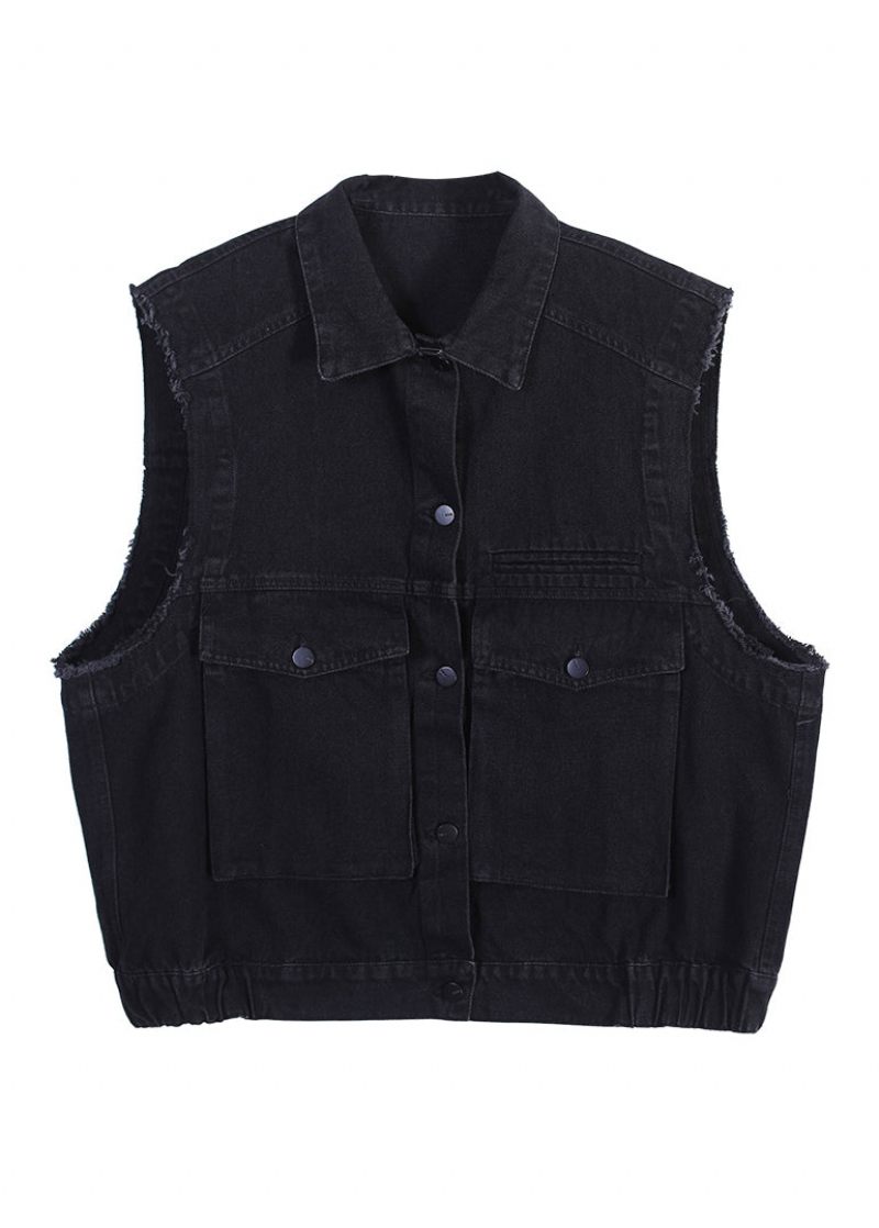 Retro Sort Peter Pan Krave Patchwork Knap Denim Vest Efterår - Dame vinterfrakker