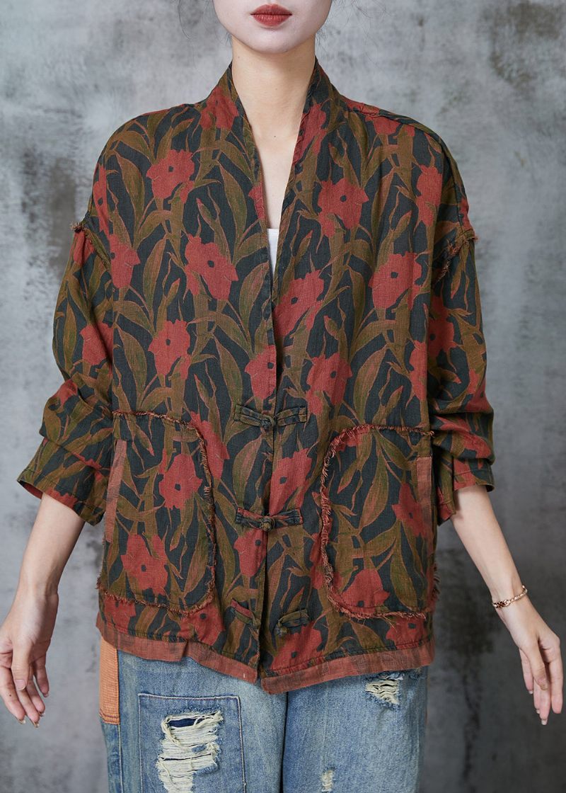 Retro Sort Print Kinesisk Knap Linned Frakker Forår - Dame vinterfrakker