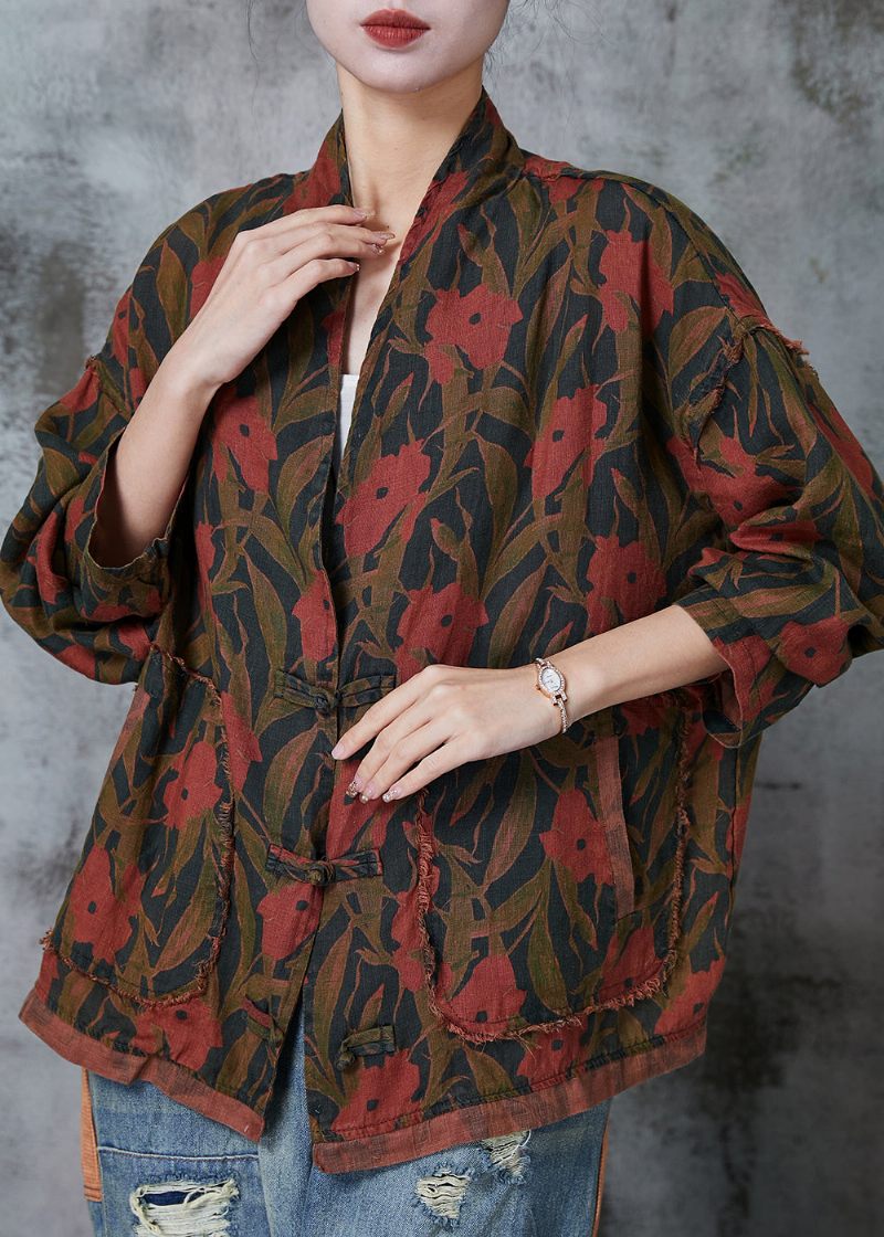 Retro Sort Print Kinesisk Knap Linned Frakker Forår - Dame vinterfrakker