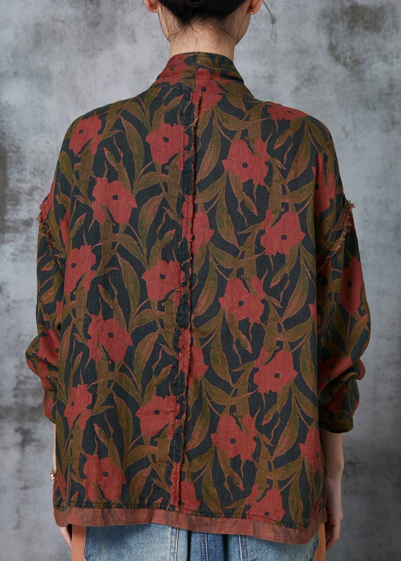 Retro Sort Print Kinesisk Knap Linned Frakker Forår - Dame vinterfrakker