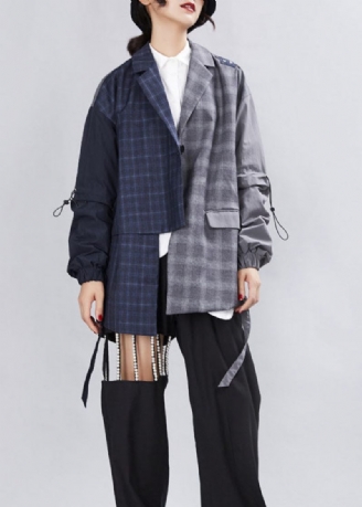 Simple Grey Patchwork Plaid Asymmetrisk Design Efterårsfrakker Langærmet
