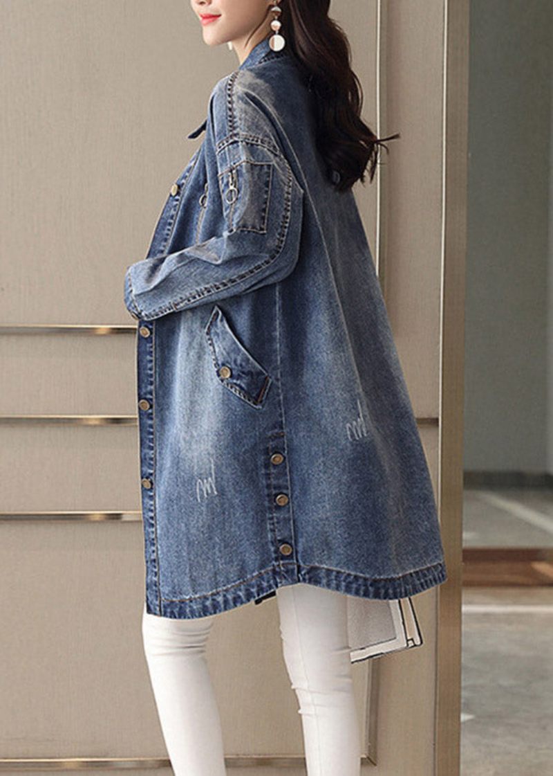 Slim Fit Blå Peter Pan Krave Broderet Patchwork Knap Denim Frakke Fjeder - Dame vinterfrakker