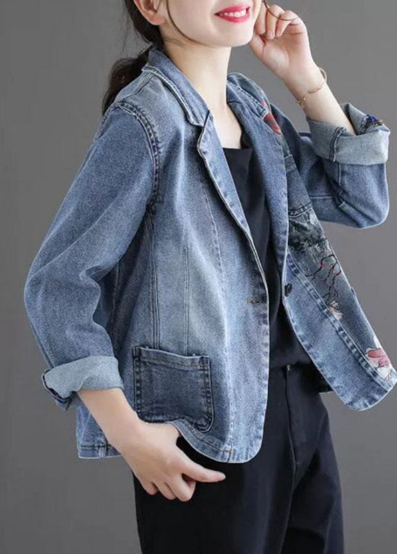 Slim Fit Lyseblå Hakkede Kravelommer Print Denim Coat Spring - Dame vinterfrakker