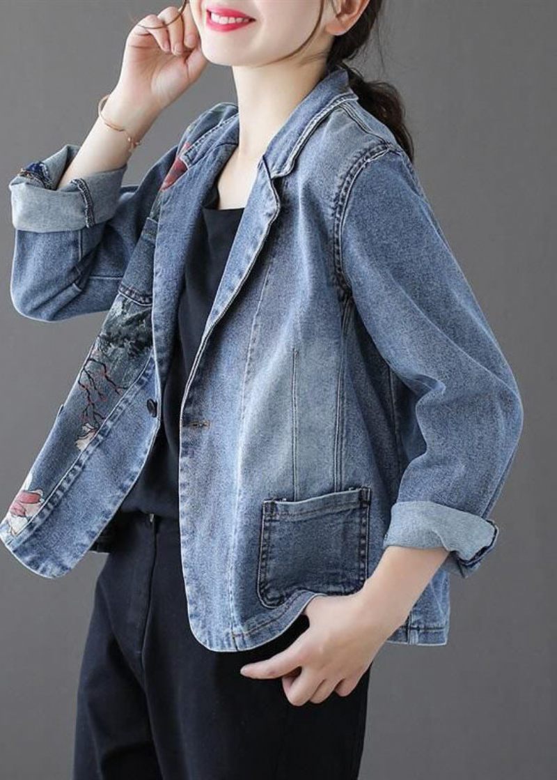 Slim Fit Lyseblå Hakkede Kravelommer Print Denim Coat Spring - Dame vinterfrakker