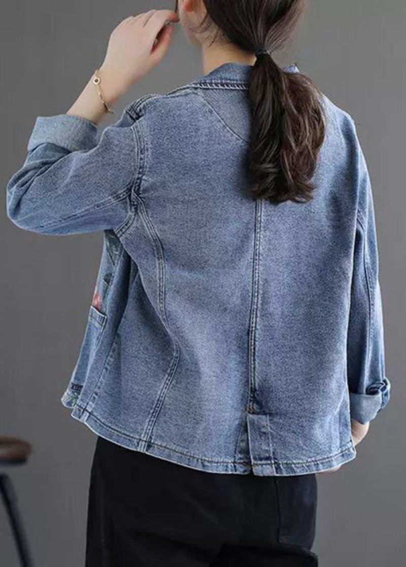 Slim Fit Lyseblå Hakkede Kravelommer Print Denim Coat Spring - Dame vinterfrakker