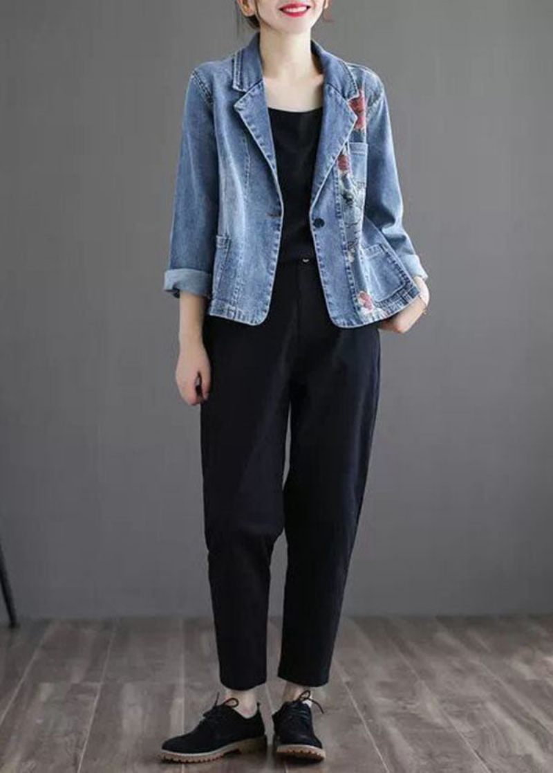 Slim Fit Lyseblå Hakkede Kravelommer Print Denim Coat Spring - Dame vinterfrakker