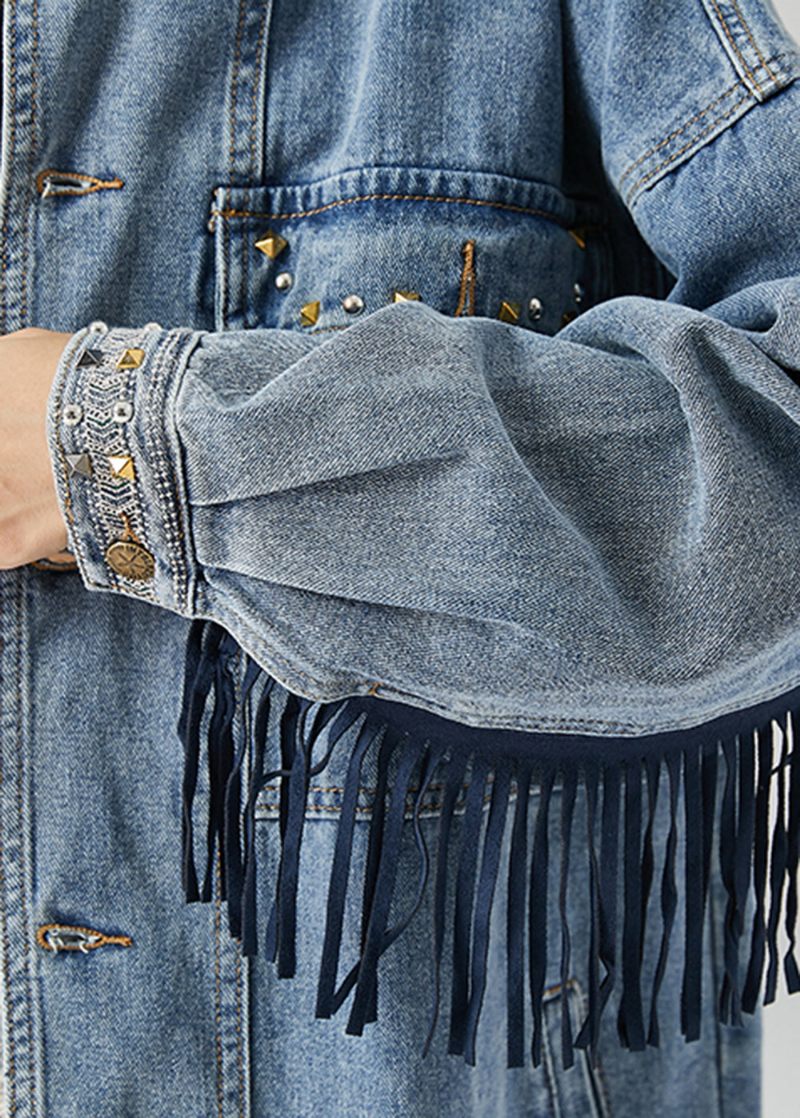 Smukke Blå Broderede Patchwork-kvaste Denimfrakker Efterår - Dame vinterfrakker