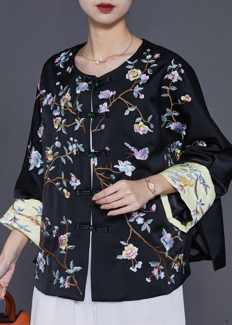 Sort Orientalsk Silkefrakke Oversized Broderet Forår