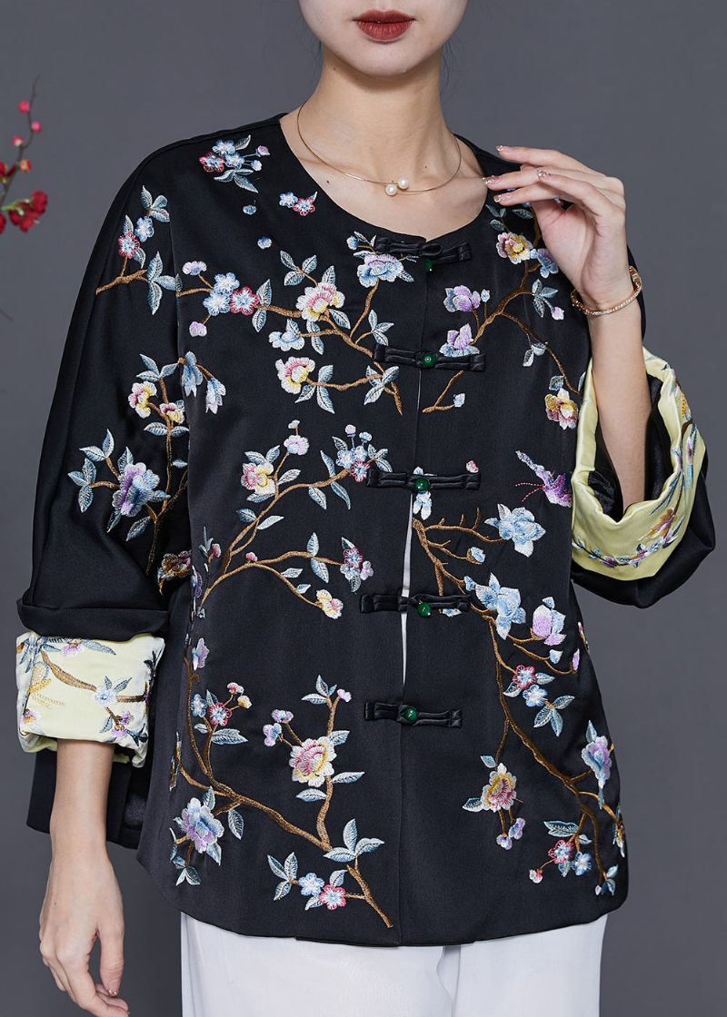 Sort Orientalsk Silkefrakke Oversized Broderet Forår - Dame vinterfrakker