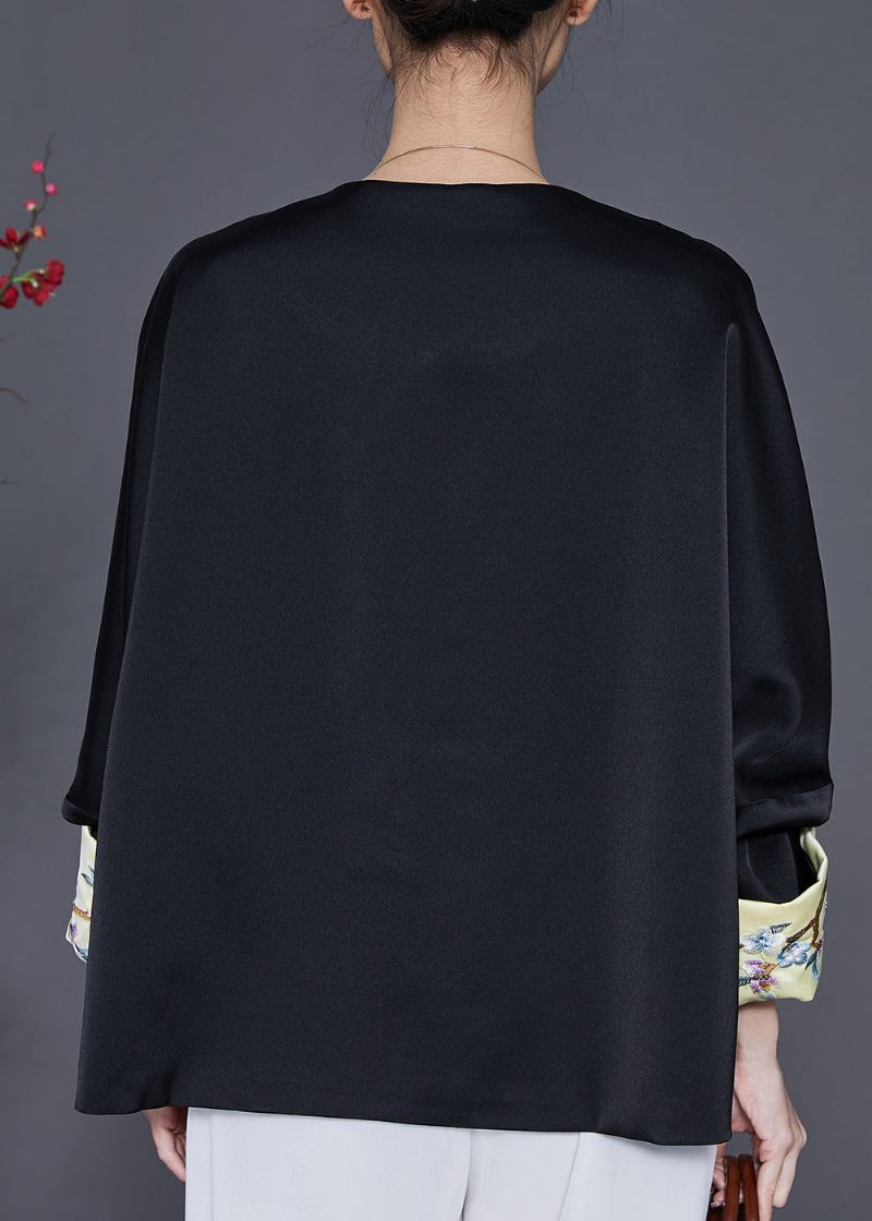 Sort Orientalsk Silkefrakke Oversized Broderet Forår - Dame vinterfrakker