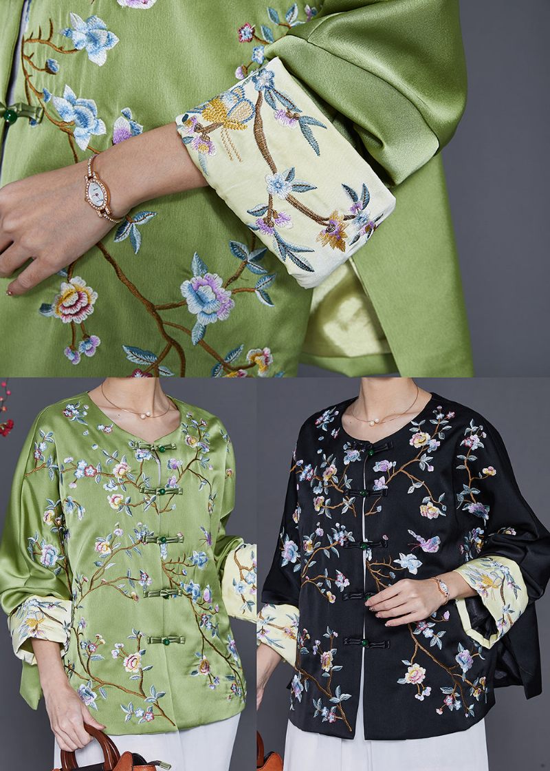 Sort Orientalsk Silkefrakke Oversized Broderet Forår - Dame vinterfrakker