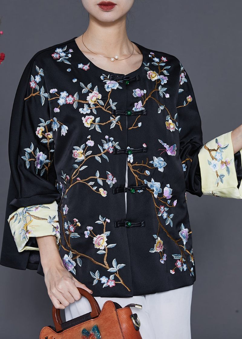 Sort Orientalsk Silkefrakke Oversized Broderet Forår - Dame vinterfrakker