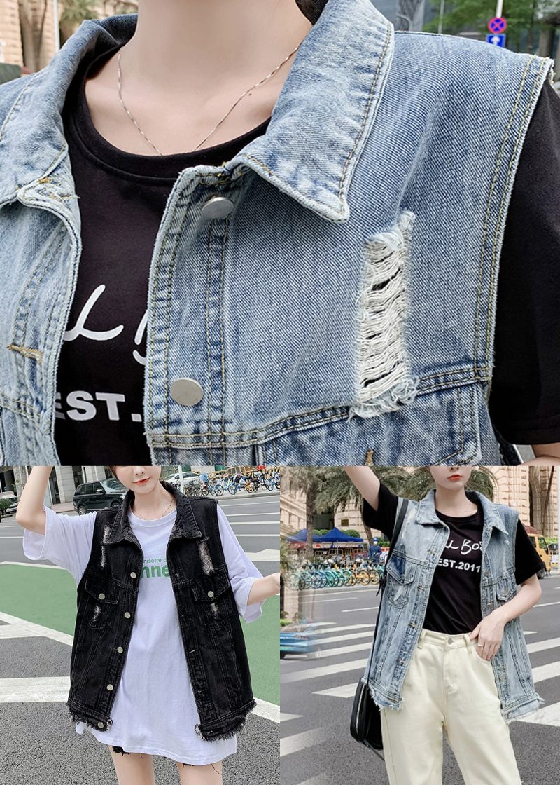 Sort Patchwork Knap Denim Vest Efterår - Sort