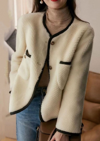Stil Beige O-halslommer Knap Patchwork Uldfrakker Vinter