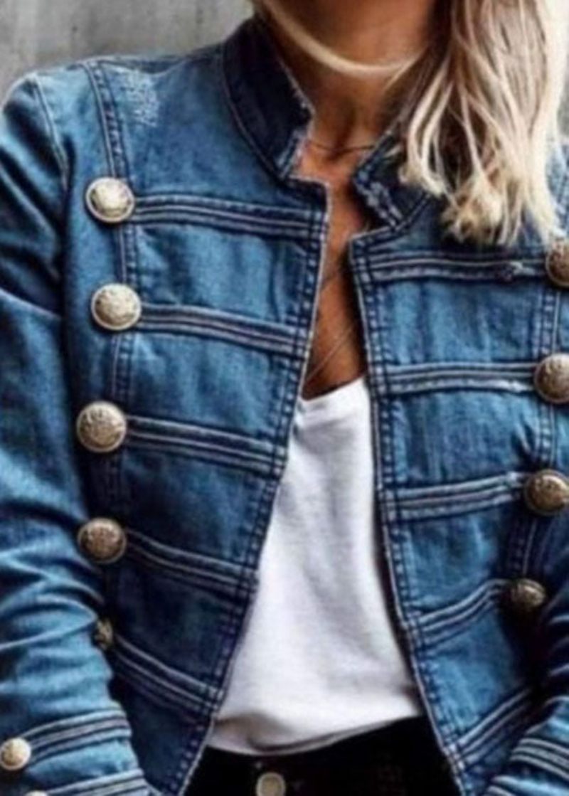 Style Blue Double Breast Patchwork Slim Fit Denim Coat Spring - Dame vinterfrakker