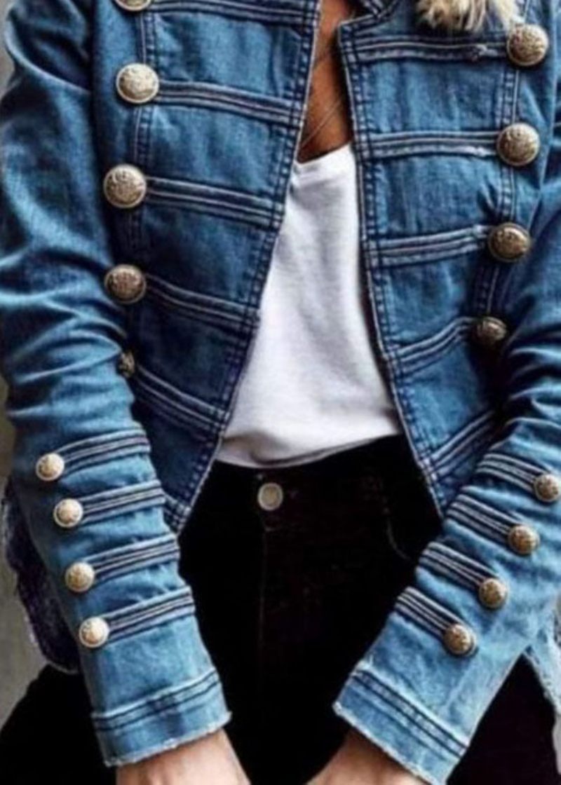 Style Blue Double Breast Patchwork Slim Fit Denim Coat Spring - Dame vinterfrakker
