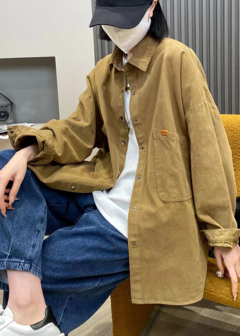 Style Khaki Button Peter Pan Kravelommer Bomuld Frakke Langærmet
