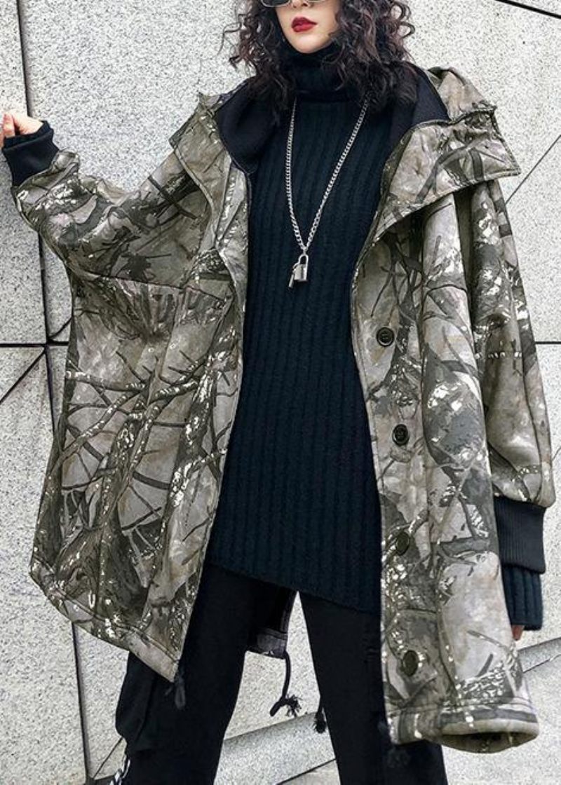 Til Foråret Grå Print Sweater Vejr Mode Snøre Hætte Strikkede Toppe - Grå