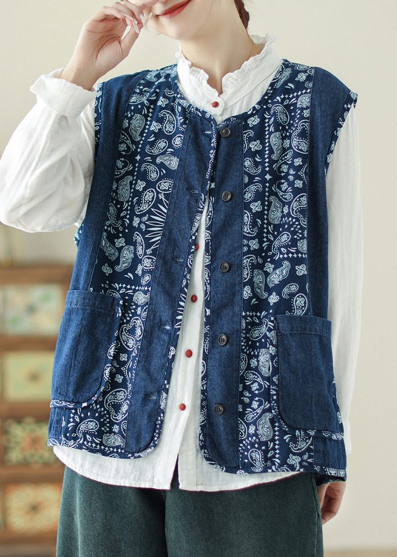 Unik Denim Blå O-hals Print Lommer Vest Forår