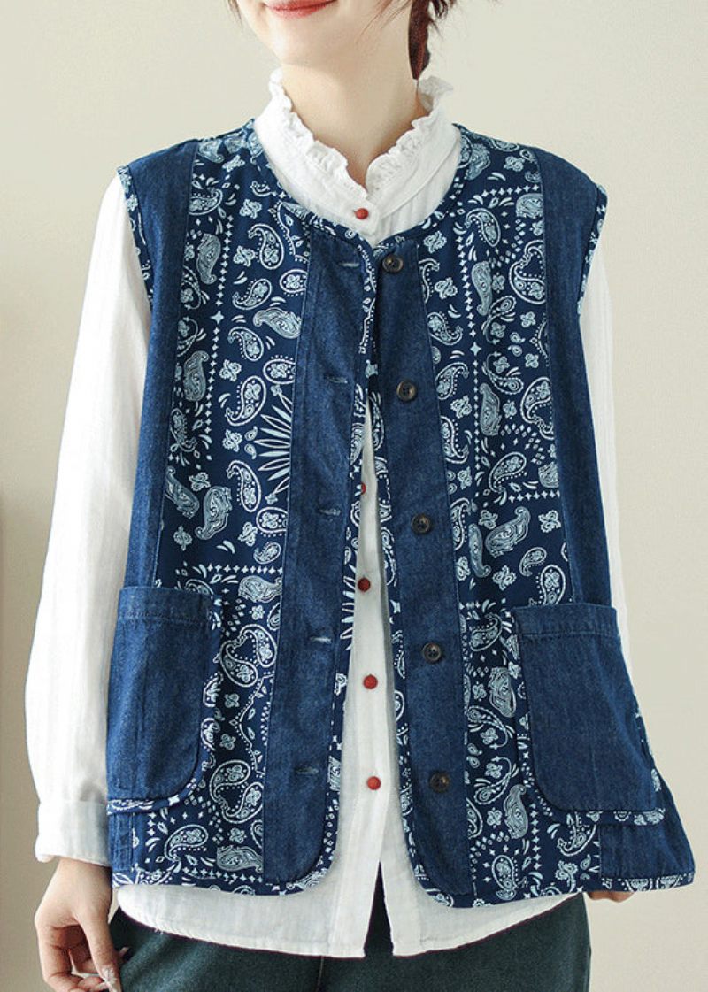 Unik Denim Blå O-hals Print Lommer Vest Forår - Dame vinterfrakker