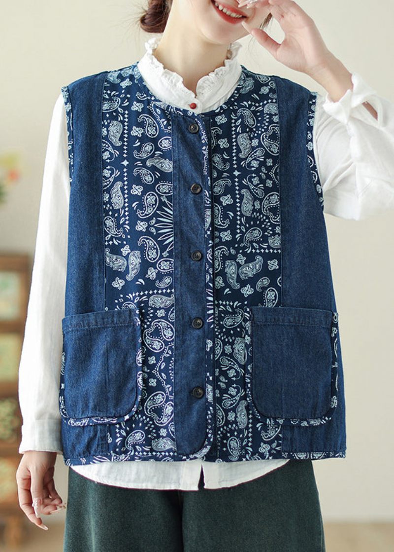 Unik Denim Blå O-hals Print Lommer Vest Forår - Dame vinterfrakker