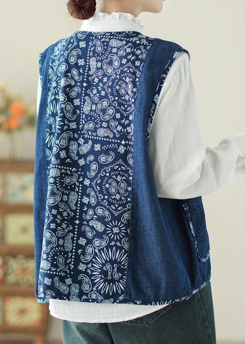 Unik Denim Blå O-hals Print Lommer Vest Forår - Dame vinterfrakker