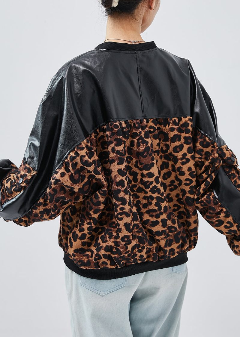 Unik Sort Overdimensioneret Patchwork Leopard Imiteret Læderfrakker Forår - Dame vinterfrakker