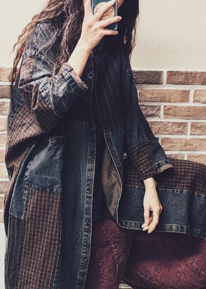 Vintage Colorblock Knaplommer Denim Patchwork Frakke Fall