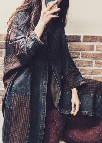 Vintage Colorblock Knaplommer Denim Patchwork Frakke Fall