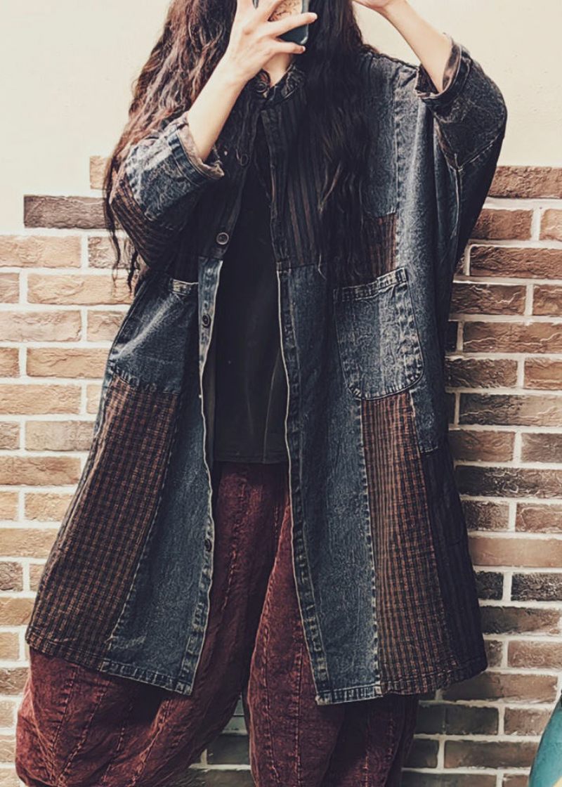 Vintage Colorblock Knaplommer Denim Patchwork Frakke Fall - Dame vinterfrakker