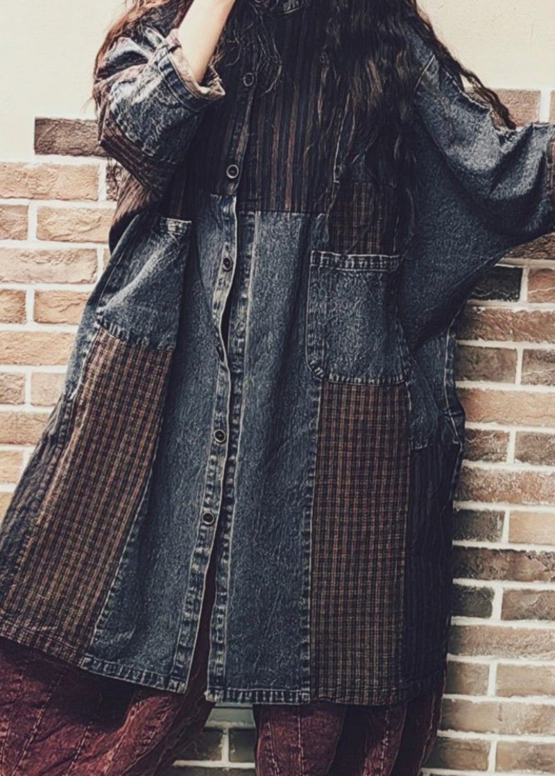 Vintage Colorblock Knaplommer Denim Patchwork Frakke Fall - Dame vinterfrakker