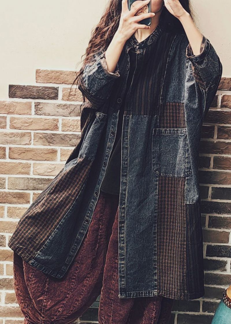 Vintage Colorblock Knaplommer Denim Patchwork Frakke Fall - Dame vinterfrakker