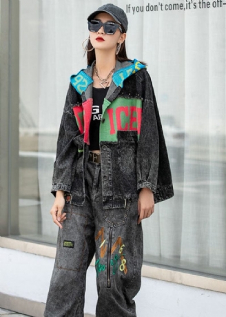 Vintage Denim Patchwork Strik Lommer Hætte Efterårsfrakker Langærmet