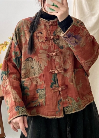 Vintage Orange Print Lommer Kinesisk Button Patchwork Bomuld Frakke Fall