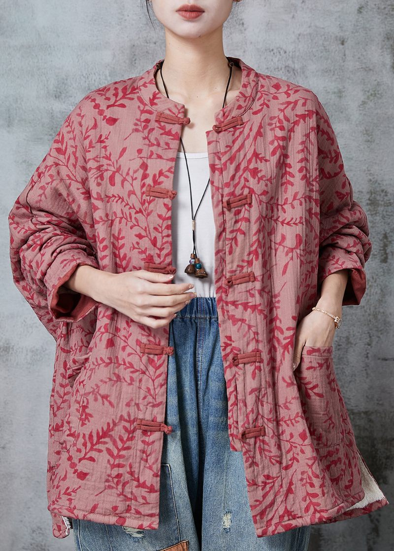 Vintage Rød Oversize Print Bomuldsfrakke Outwear Spring - Dame vinterfrakker