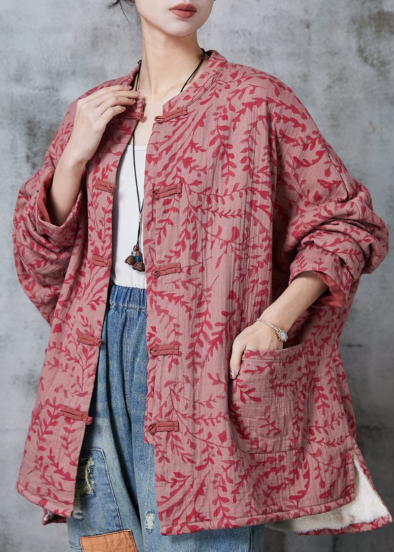 Vintage Rød Oversize Print Bomuldsfrakke Outwear Spring - Dame vinterfrakker