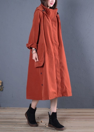 Vintage Rust Hooded Lommer Tyk Bomuld Trenchcoats Forår