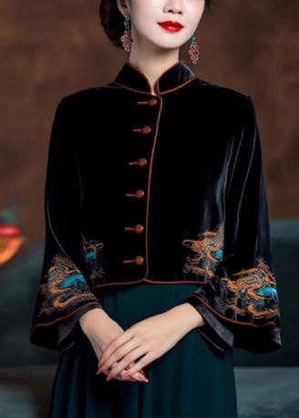 Vintage Sort Broderet Knap Silke Velour Frakker Flare Ærme