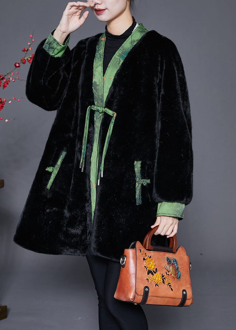 Vintage Sort Oversized Patchwork Mink Velvet Coats Vinter - Dame vinterfrakker