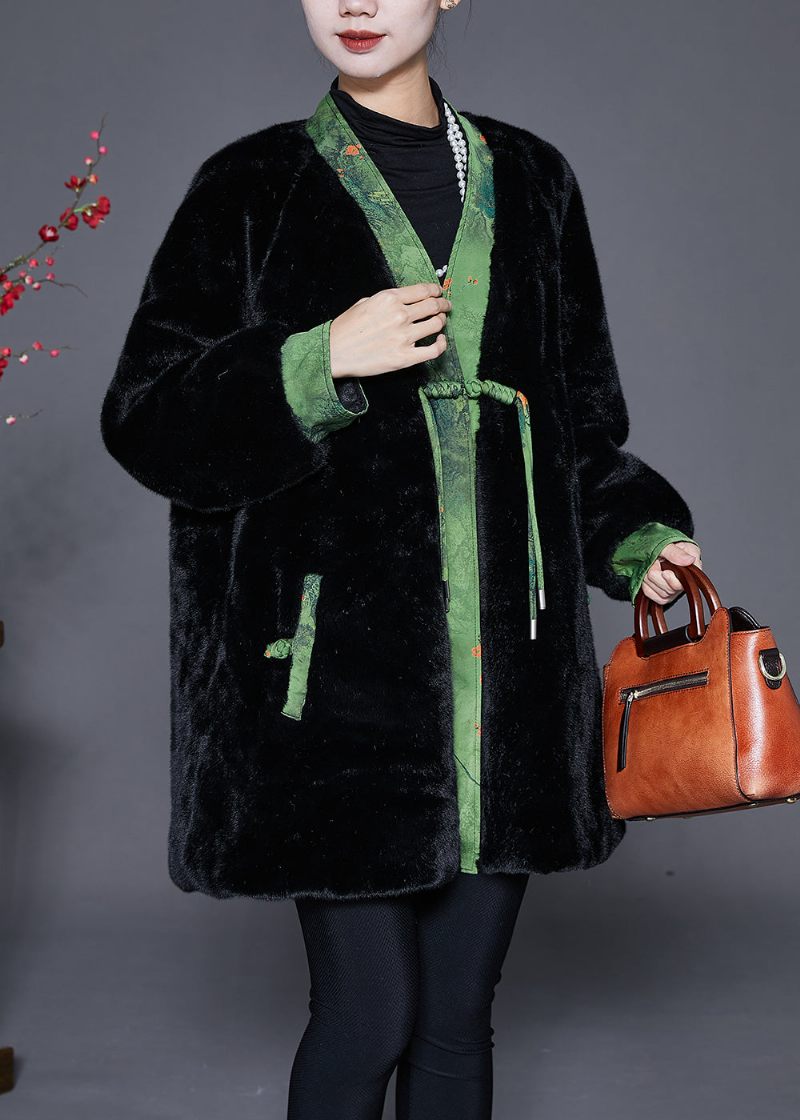Vintage Sort Oversized Patchwork Mink Velvet Coats Vinter - Dame vinterfrakker