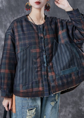 Vintage Sort Oversized Patchwork Plaid Fin Bomuld Fyldt Frakker Forår