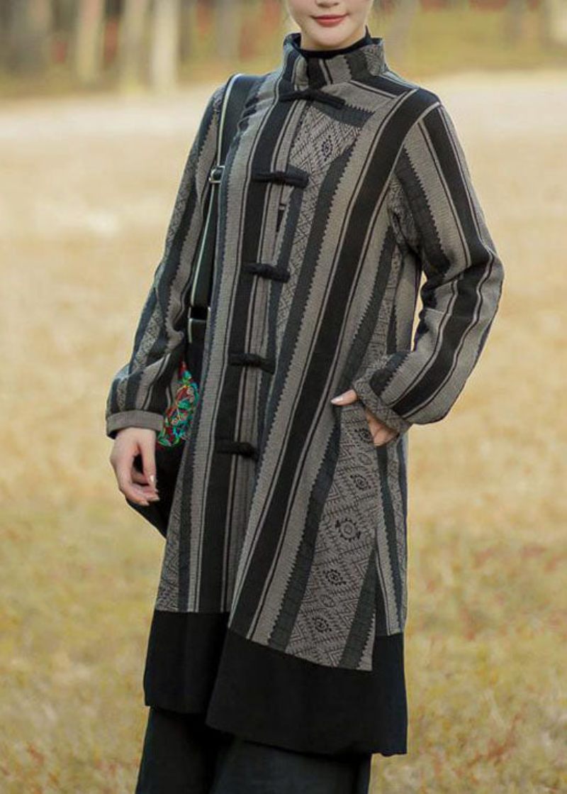Vintage Sort Stribet Patchwork Orientalsk Knap Varm Fleece Lange Frakker Vinter - Dame vinterfrakker